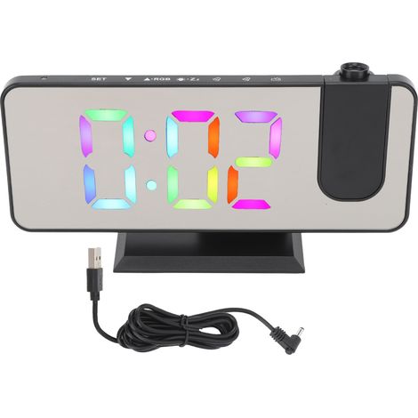 Réveil numérique RGB avec miroir, luminosité réglable, projecteur rotatif à 180° pour bureau ou chambre, design moderne, couleur noire. (1/5)