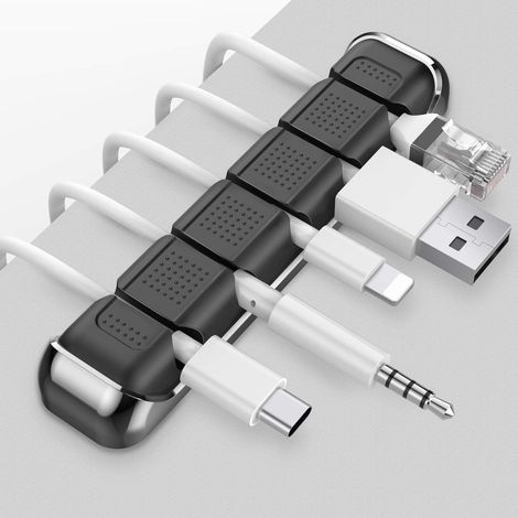 Organizzatore da scrivania con fermacavi, supporto per cavi a 5 scomparti, struttura in metallo, gestione dei cavi, organizzazione dei cavi per caricabatterie/cavi USB/casa, ufficio e auto (nero) - Aq (1/5)
