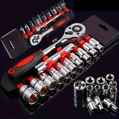 Lot de 12 clés à cliquet 1/4", avec jeu de douilles métriques et barre d'extension pour réparation automobile et ménage, avec étui de rangement (1/5)