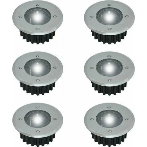 Ensemble de 6 spots solaires LED encastrables dans le sol - Ronds - Diamètre : 85 mm - Revêtement extérieur résistant à la pression - Façade en acier inoxydable - 6 cellules solaires-AquaForge (1/5)