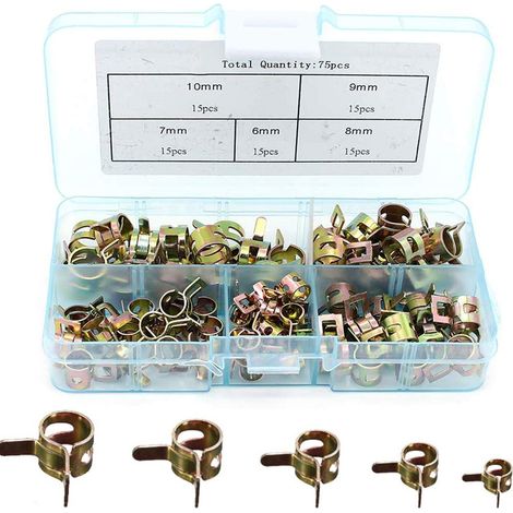 Colliers de Conduite de Carburant, 75 Pièce Colliers de Serrage à Ressort Tuyau de Carburant Conduite D'eau Colliers de Serrage de Printemps Air Tube Colliers de Serrage Attaches Assortiment kit (1/4)