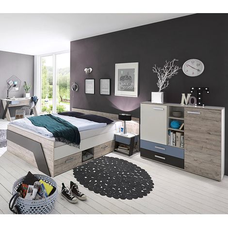 Jugendzimmer mit Bett 140x200 cm und Schreibtisch 4-teilig LEEDS-10 in Sandeiche Nb. mit weiß, Lava und Denim Blau (1/4)