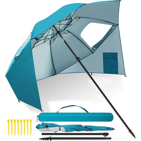 Wolketon Strandschirm 210 cm Sonnenschirm mit UV Schutz 50+, neigbar mit Erdspieß und Tragetasche, wasserabweisender Gartenschirm für Strand, Garten & Balkon – Himmelblau mit Spiral-Erdspieß