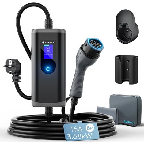 Chargeur Voiture Electrique 3,7kW, Monophasée, Courant Réglable 6-16A, 8 Mètres