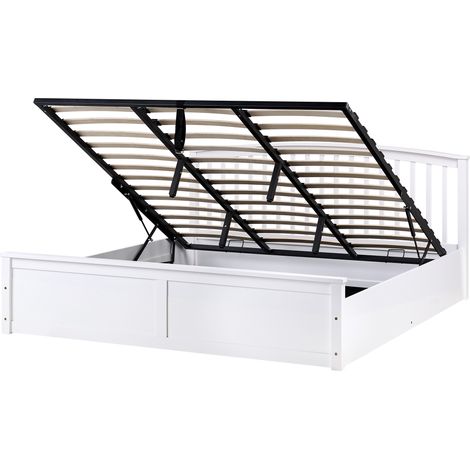 Cama con almacenaje de madera de pino con marco elevable 180 x 200 cm blanco Clarbec (1/5)