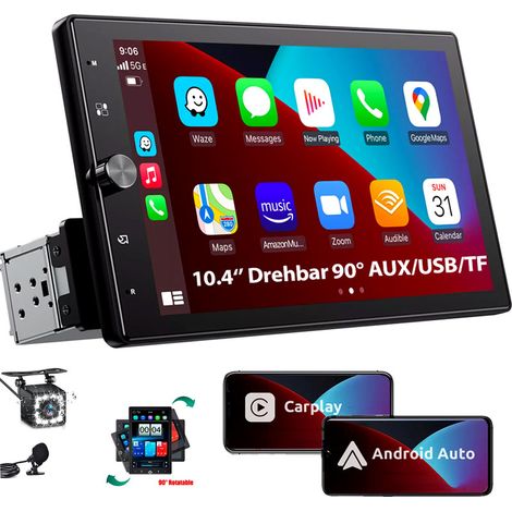 Autoradio 1 DIN Carplay Bluetooth sans fil Android Auto avec écran 10,4 pouces AUX - MIC 12CAM