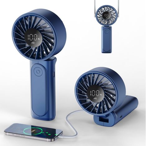 Ventilateur portable Peiyuu, pliable et compact, bleu, 6 vitesses, batterie 4000 mAh, rechargeable, silencieux (15 dB), idéal pour la maison et le bureau, câble USB-C inclus. (1/5)