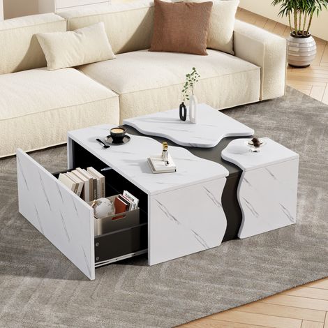 Table basse 70x70x31 cm en panneau de particules blanc, effet marbre, avec tiroir - CHICFURN (1/5)