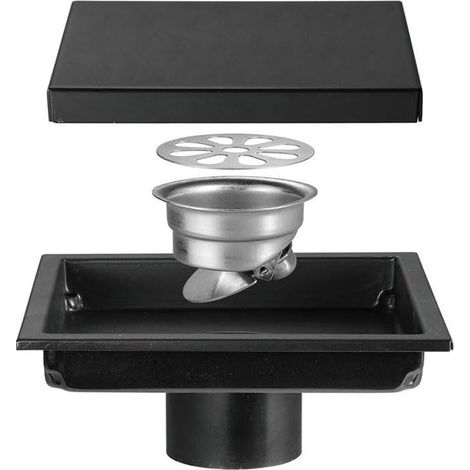 Siphon de Sol Invisible en Acier Inoxydable, 15 x 15 cm, Sortie latérale, pour Salle de Bain, Double Couleur brossée, Noir, 15 x 15 cm (1/5)