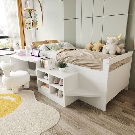 Kinderbett 90x200 cm Weiß aus Holz und Holzwerkstoff mit Schreibtisch, Staufächern und USB-Steckdosen (1/5)