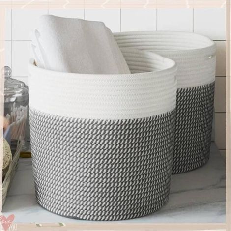 Panier de rangement - VINGVO - 358458 - Gris et blanc - Coton tissé - 28x28 cm pliable (lot de 2) (1/5)
