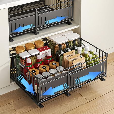 Set of 2 Sliding Drawers Extendable Organizer, 32.5-50Wx39Dx17H CM Black Metal Drawer Storage Drawer Kitchen Drawer for Spices Under Sink Storage Without Drilling (1/5)