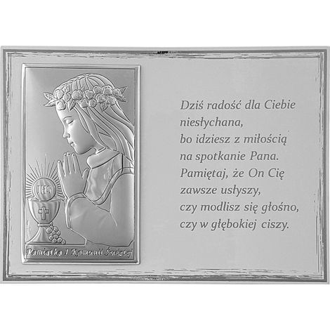 Quadro in argento per la Prima Comunione con incisione, un ricordo della Prima Comunione di un bambino Dimensioni: 18x13 cm Colore: Bianco Codice articolo: VL821/4BI/S