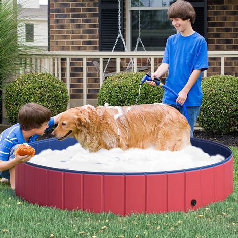 Baignoire pliable pour chien, pataugeoire, bassin pour chiens et chats, en plastique et bois, rouge, Ø 160 x 30 cm (H)