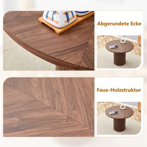 Table ronde en MDF (100 cm) pour 4 à 6 personnes : plateau à 4 segments effet noyer, pieds cylindriques avec support métallique et fermeture velcro – parfait pour salons européens. (1/5)