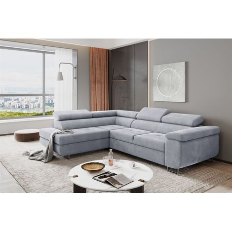 Ecksofa Sofa JADE Stoff Paros Hellgrau mit Schlaffunktion Ottomane Links (1/2)