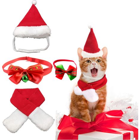 4 pièces costume père Noël pour chien et chat avec chapeau et écharpe M (1/5)