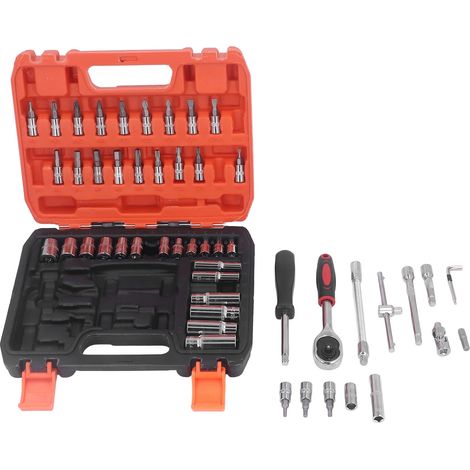 Kit d'outils de réparation comprenant 53 pièces : clé à cliquet, douilles et embouts de tournevis en acier au chrome-vanadium.