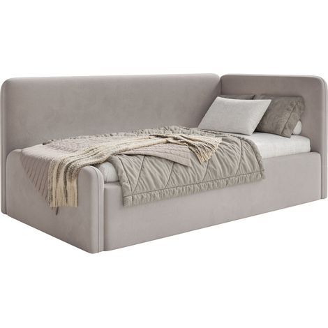 Selsey Fanko – Jugendbett 90x200 cm mit Rausfallschutz, Matratze, Kopfteil rechts, Samt, Graubeige (1/5)