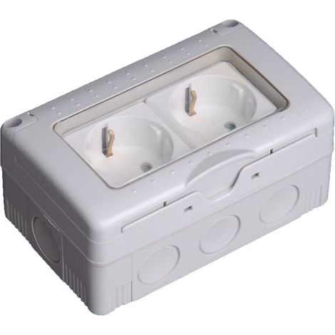 Doble Enchufe 2P + T 16A 250V  Estanco Superficie con Tapa de Plástico