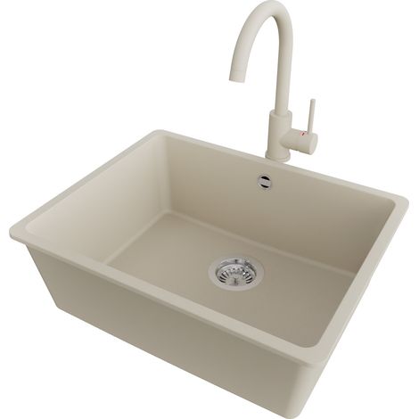 PRIMAGRAN Evier Cuisine en Granit 56x44cm,Lavabo 1 bac + Robinet 32x20cm + Kit de Vidage, Évier à Encastrer au meuble 60cm - Venise Slim Easy, Beige (1/5)