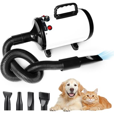 Pulseur Professionnel Souffleur Sèche-Cheveux 2800W Séchoir Toilettage, Vitesse et Température Réglables, 4 Buses, Blanc