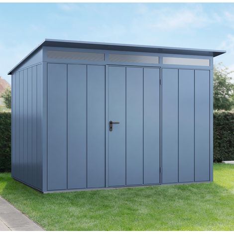 Hörmann Ecostar Metall-Gerätehaus Elegant mit Pultdach Typ 3, 313 x 283 cm, taubenblau, 7,2 m², 1-flüglige Tür