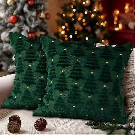 Lot de 2 housses de coussin décoratives Lanpn Christmas 60x60, motif sapin de Noël et étoiles d'hiver, en fausse fourrure douce et laine, 61 x 61 cm. (1/4)