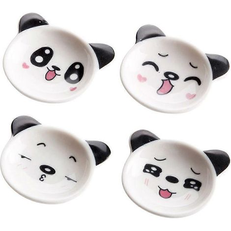 Lot de 4 soucoupes à vinaigre en céramique pour dessert, motif panda (noir et blanc), style restaurant. (1/3)