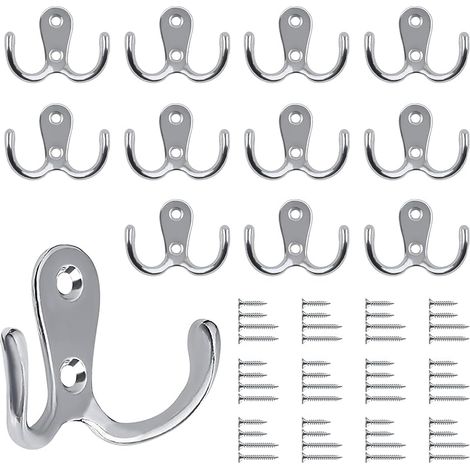 Lot de 12 crochets muraux doubles - En métal argenté - Style vintage - Avec 48 vis - Pour porte-manteau, salle de bain, cuisine - Argenté (1/5)