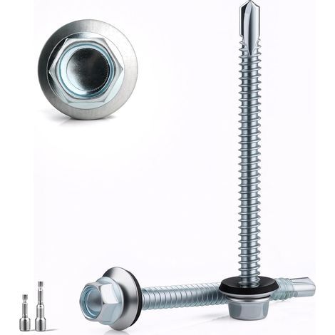 48 PCS Vis Autoperforeuse 6.3x75MM Auto Taraudeuses à Tête Hexagonale Galvanisées pour Metal Bac Acier Toiture avec Rondelle D'étanchéité 2 Douilles Hexagonales Incluses (1/5)