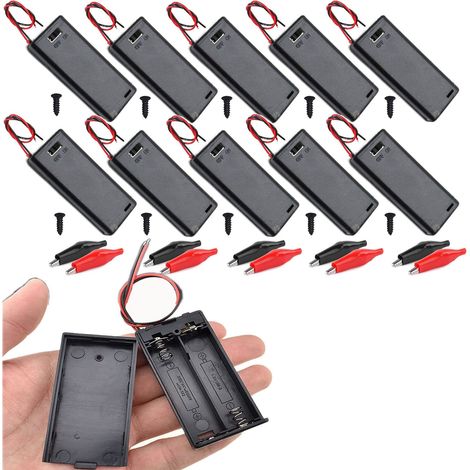 10pcs 2x1,5V AA Support de Batterie,Batterie Stockage Boite,avec Interrupteur on/Off,Boîte à Piles en Plastique+Pinces Crocodile(Noir avec Couvercle ) (1/5)