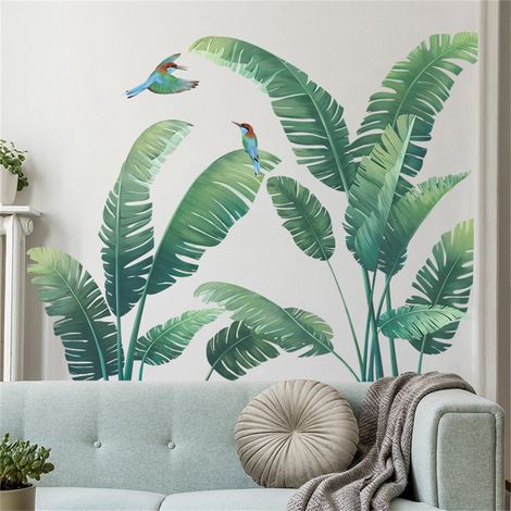 Autocollant mural feuilles tropicales vertes oiseau coloré 85x65cm (motif feuillage), adhésif amovible sans résidu (1/5)
