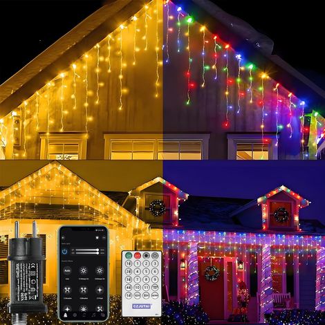 Luci natalizie a stringa da 15 m con 600 LED, funzione di cambio colore, controllo tramite app, sincronizzazione con la musica, impermeabili, per grondaie, giardini, decorazioni natalizie, luce bianca (1/5)
