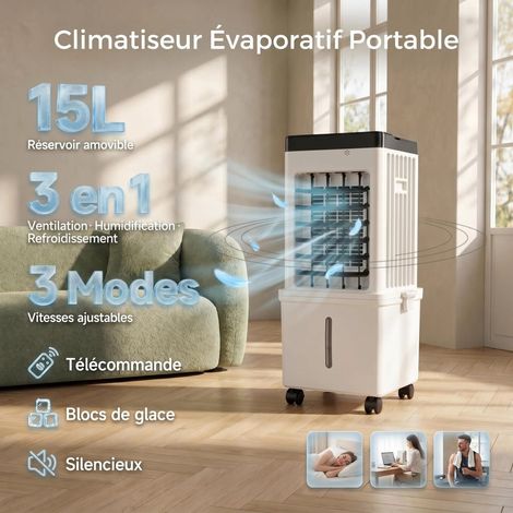 Climatiseur évaporatif portable 15L blanc ivoire, ventilateur rafraîchissant 3 en 1 avec télécommande à distance, 3 modes de ventilation, glaces réfrigérantes, silencieux pour bureau chambre dortoir