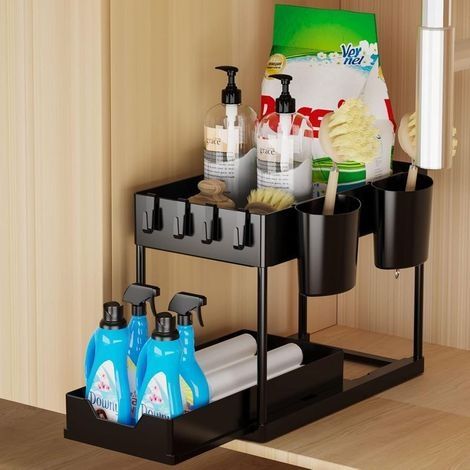 Rangement Sous Evier 2 Niveaux, Coulissant Organisateur Sous Évier Etagere Tiroir avec 4 Patères et 2 Vasques Suspendues, Multi-Usage Étagère pour Cuisine Salle de Bain, Noir (1/5)