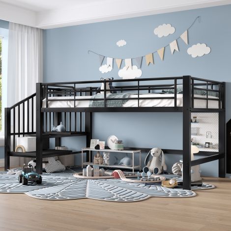 Cama altillo de 90x200 cm con escalera de almacenamiento, barandilla de seguridad, de metal, sin colchón, negro (1/5)