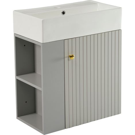 Meuble sous-vasque suspendu gris clair, 55 cm, pour salle de bains invités, design compact et fonctionnel (1/5)