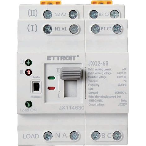 Ettroit – Disjoncteur tripolaire 63A JX114630 – Tension 400V CA – Limite de court-circuit 50kA – Installation sur rail DIN – Mode automatique et manuel