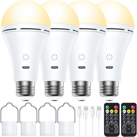 Ampoule Rechargeable avec Telecommande - Ampoule sans Electricite 3 Couleur Dimmable - Ampoule USB 9W Ampoule sans Fil E26 Tactile - 4 Pack (1/4)