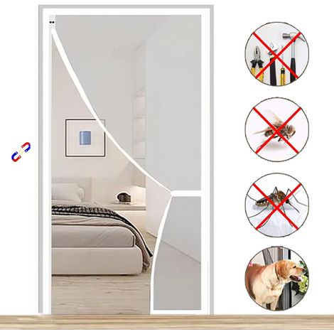 Cortina de puerta antiinsectos con imanes y tiras adhesivas, cortina de puerta magnética antimosquitos, blanca, 90cm x 220cm (1/5)
