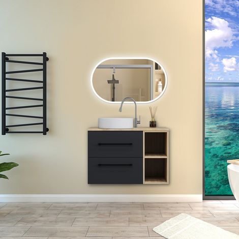 Aica Ensemble meuble de Salle de Bain Suspendu avec Vasque + 2 Rangements Ouverts, 80x46x52cm, Ovale Miroir LED