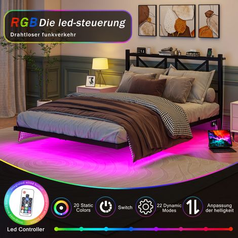 Cadre de lit double 140x200 cm, structure en métal robuste avec éclairage LED intégré et station de recharge, tête de lit incluse, design flottant stable, montage simple (matelas non fourni)
