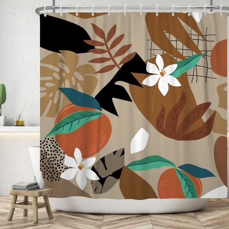 152x183cm Rétro Milieu du Siècle Rideau de Douche Abstrait Feuille de Palmier Monstera, Fleur, Aquarelle Orange, Plante Tropicale pour Salle de Bain et Baignoire (1/5)