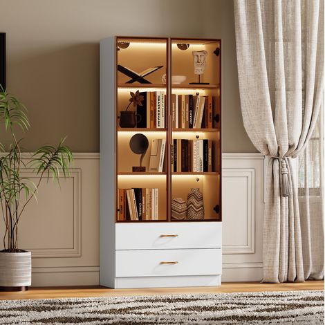 Mueble de baño blanco de MDF de 75 cm con 2 cajones, 2 puertas de vidrio e iluminación LED (1/5)