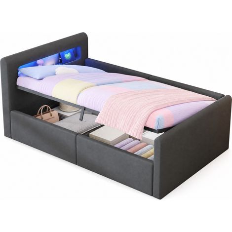 Lit enfant 90x200 cm rembourré en velours gris avec LED, lumière de nuit, USB, rangement hydraulique et dossier réversible, style canapé, CHICFURN (1/5)