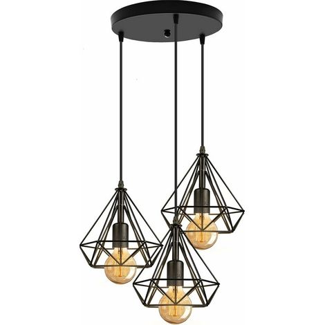 Vintage Lustre Suspension Luminaire Forme de Diamant Métal 3 Lumières Plafonnier Industriel Cage Éclairage E27 pour Salle à Manger, Chambre, Café, Bar - Noir BLOW (1/5)