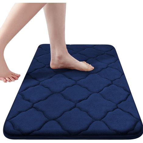 Tapis de bain en mousse à mémoire de forme, ultra doux et absorbant, avec dos antidérapant, 61 x 41 cm, beige et bleu marine. (1/5)