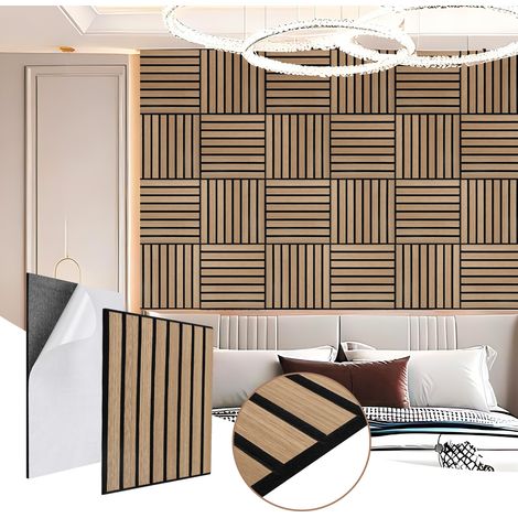 Jiubiaz 12 pezzi Pannello acustico da parete effetto listelli legno, 30 x 30 x 1 cm, rovere bianco, autoadesivo (1/5)