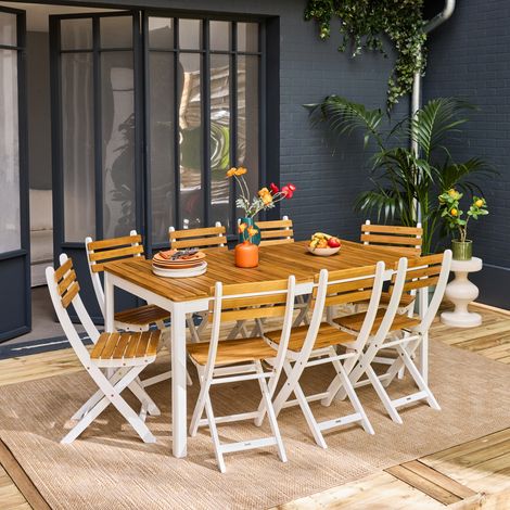 Table de jardin acacia avec coins arrondis + 8 assises blanc. 160 x 90 x 75 cm (1/5)